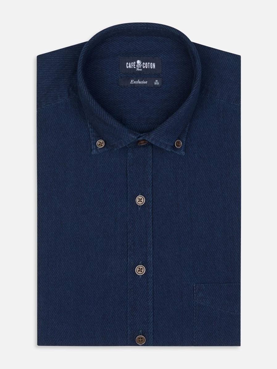 Chemises Homme Café Coton | Chemise Alford En Twill Indigo - Col Boutonne