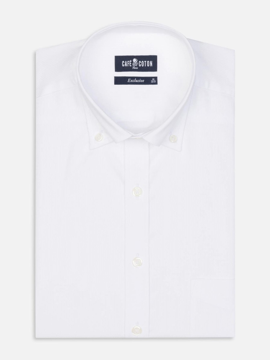 Chemises Homme Café Coton | Chemise En Pique Blanc - Col Boutonne