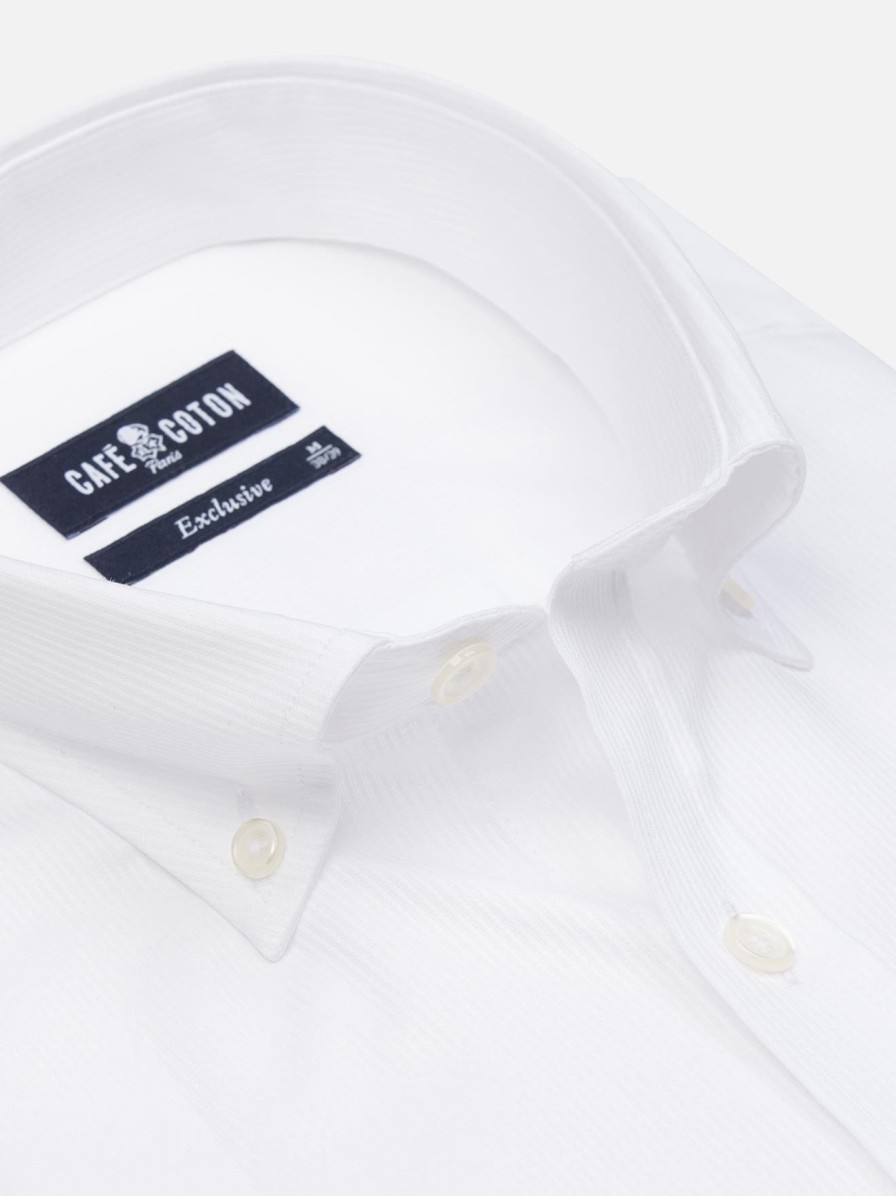 Chemises Homme Café Coton | Chemise En Pique Blanc - Col Boutonne