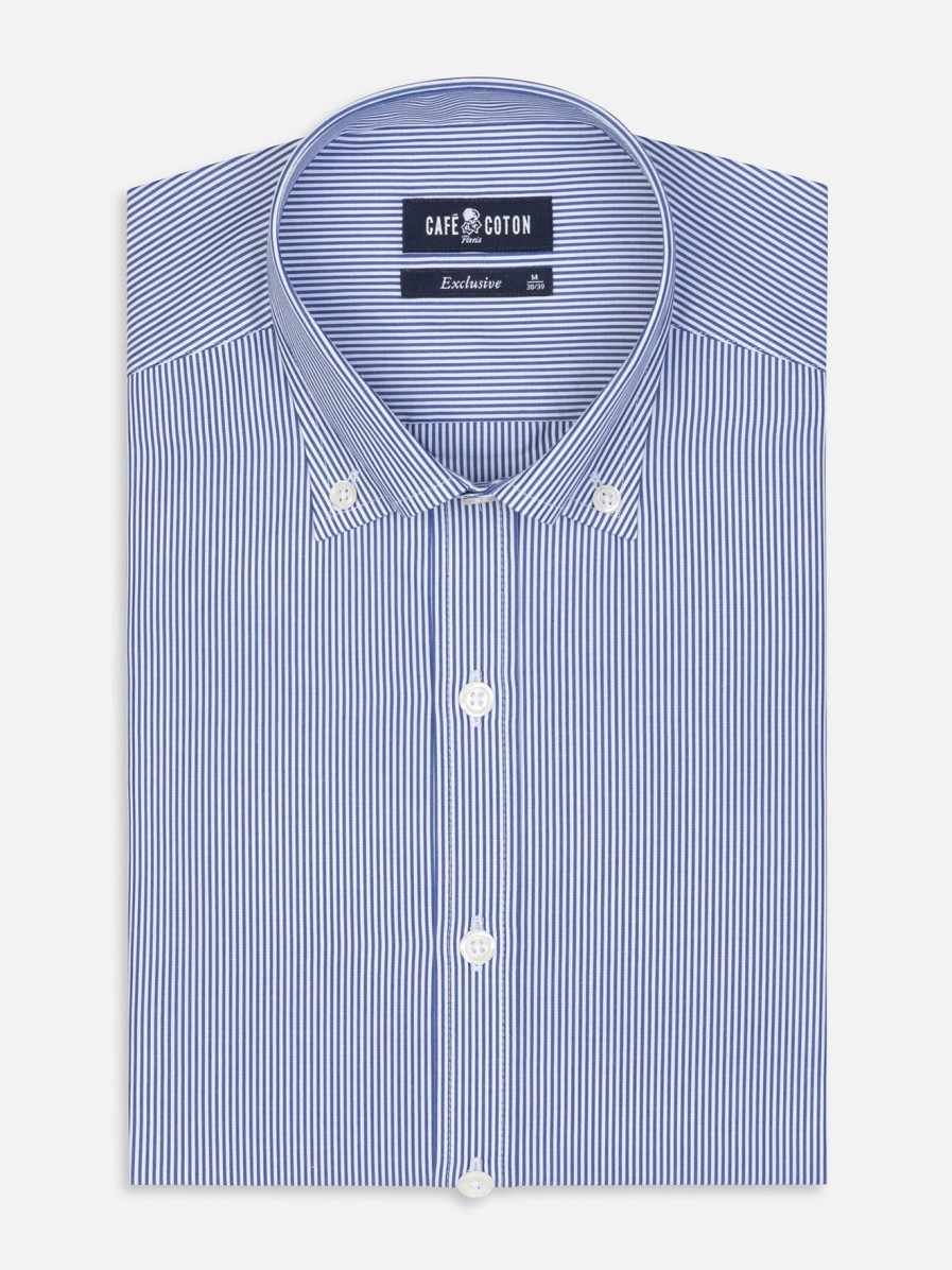 Chemises Homme Café Coton | Chemise Cintree Menthon A Rayures Marine - Col Boutonne