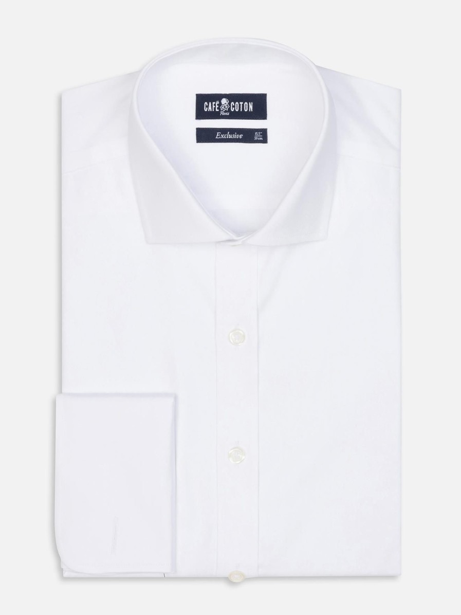 Chemises Homme Café Coton | Chemise En Pin Point Blanc - Poignets Mousquetaires