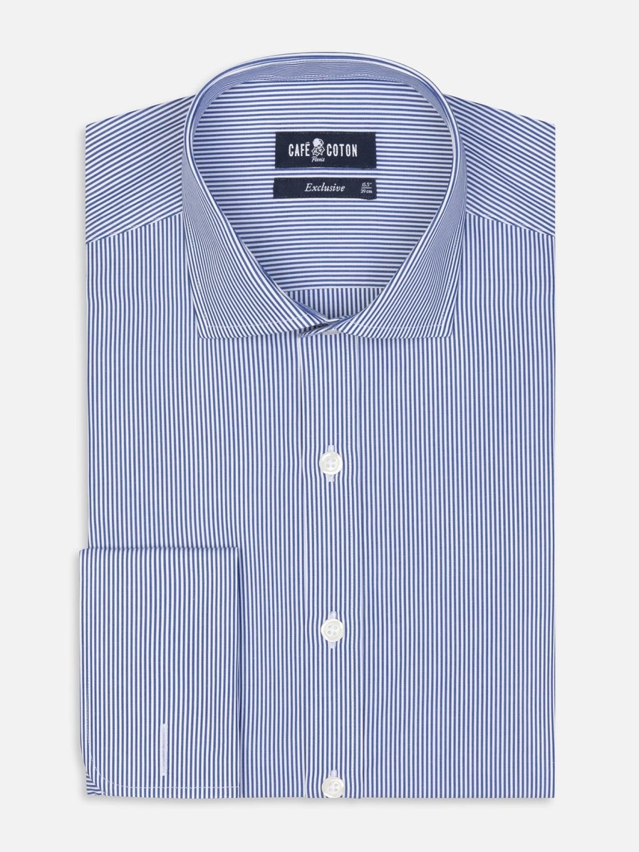 Chemises Homme Café Coton | Chemise Menthon A Rayures Marine - Poignets Mousquetaires