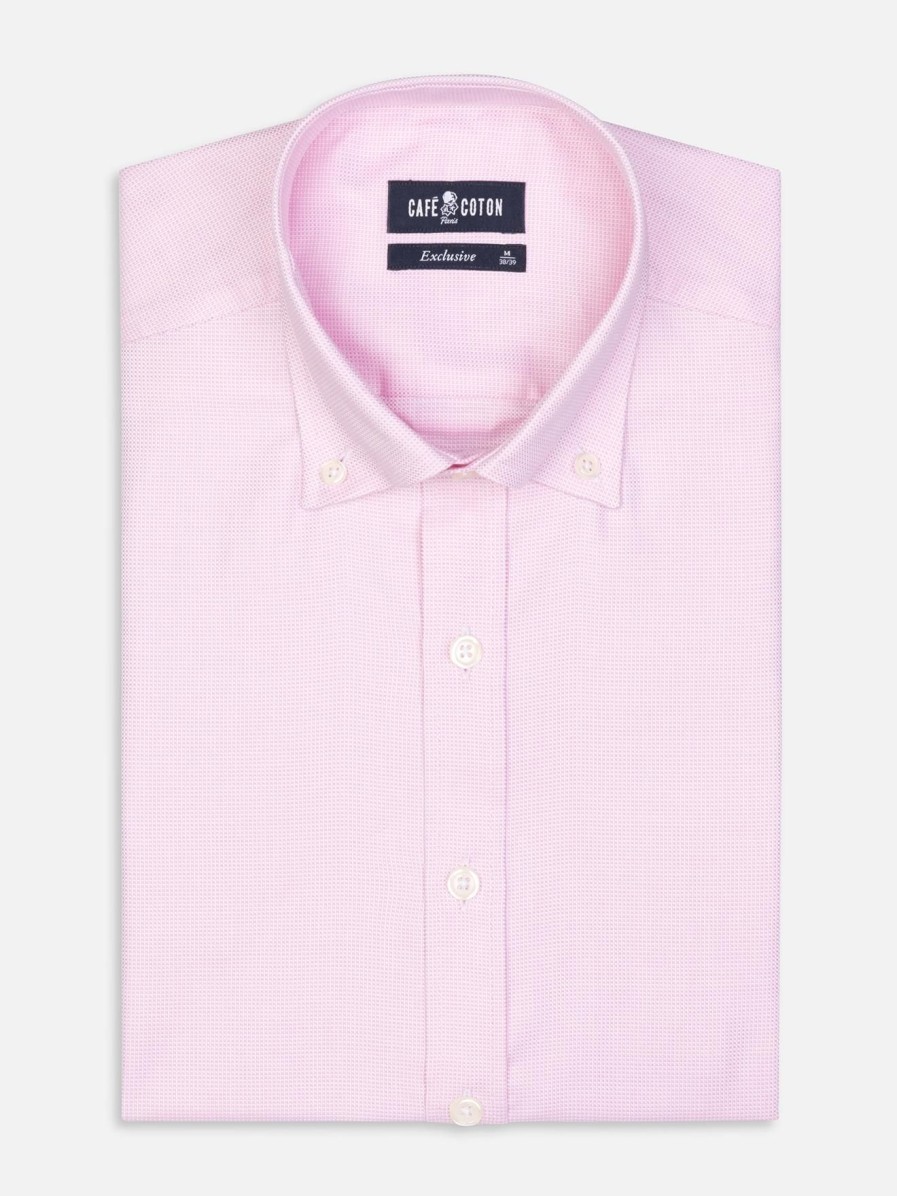 Chemises Homme Café Coton | Chemise Cintree En Natte Rose - Col Boutonne