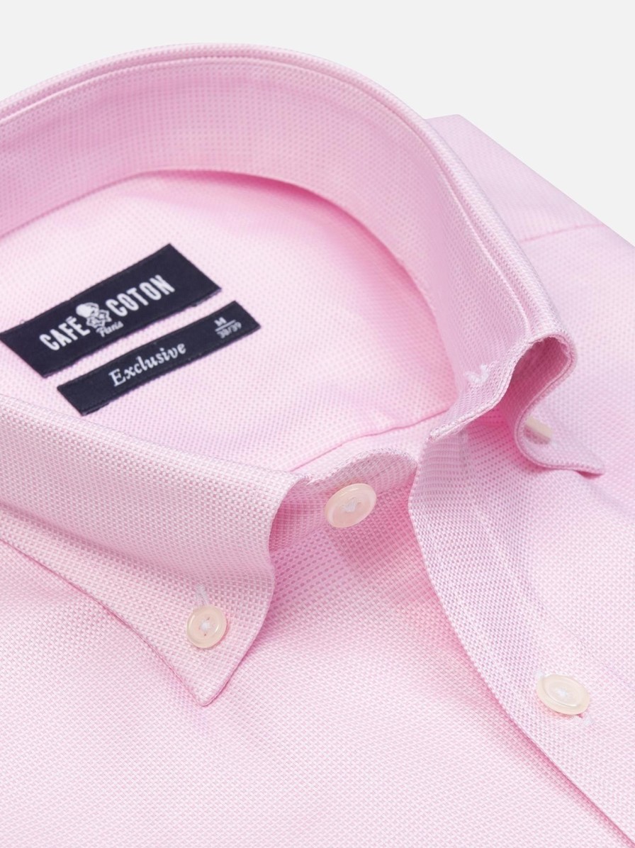 Chemises Homme Café Coton | Chemise Cintree En Natte Rose - Col Boutonne