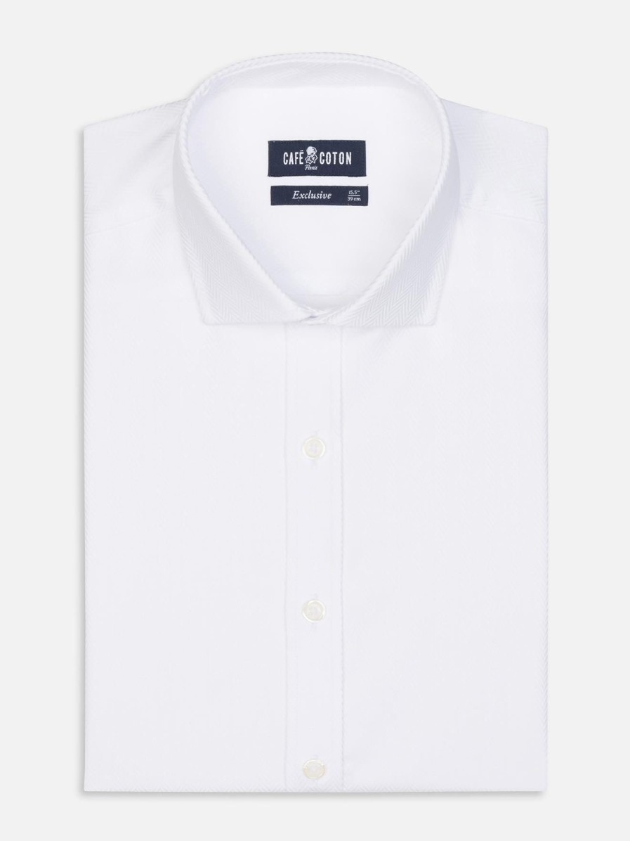 Chemises Homme Café Coton | Chemise Cintree En Chevron Blanc