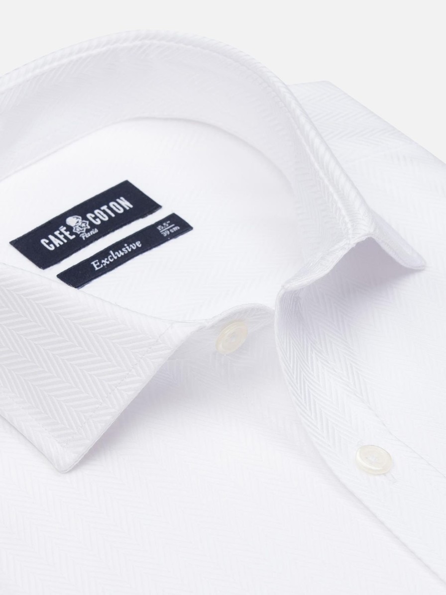 Chemises Homme Café Coton | Chemise Cintree En Chevron Blanc