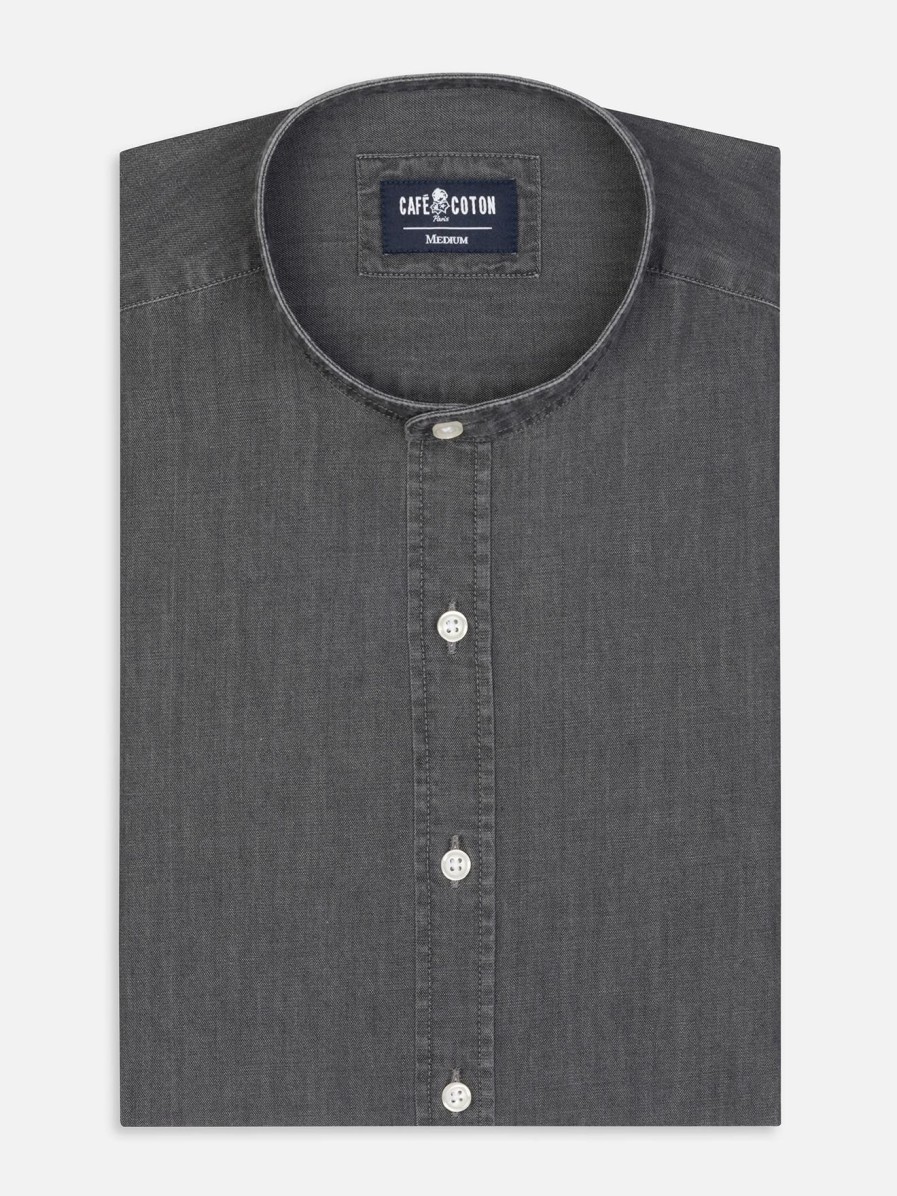 Chemises Homme Café Coton | Chemise Col Mao Lou En Denim Gris