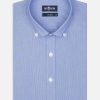 Chemises Homme Café Coton | Chemise Cintree En Mille Raies Bleue - Col Boutonne