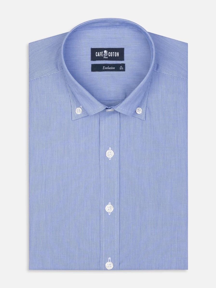 Chemises Homme Café Coton | Chemise Cintree En Mille Raies Bleue - Col Boutonne