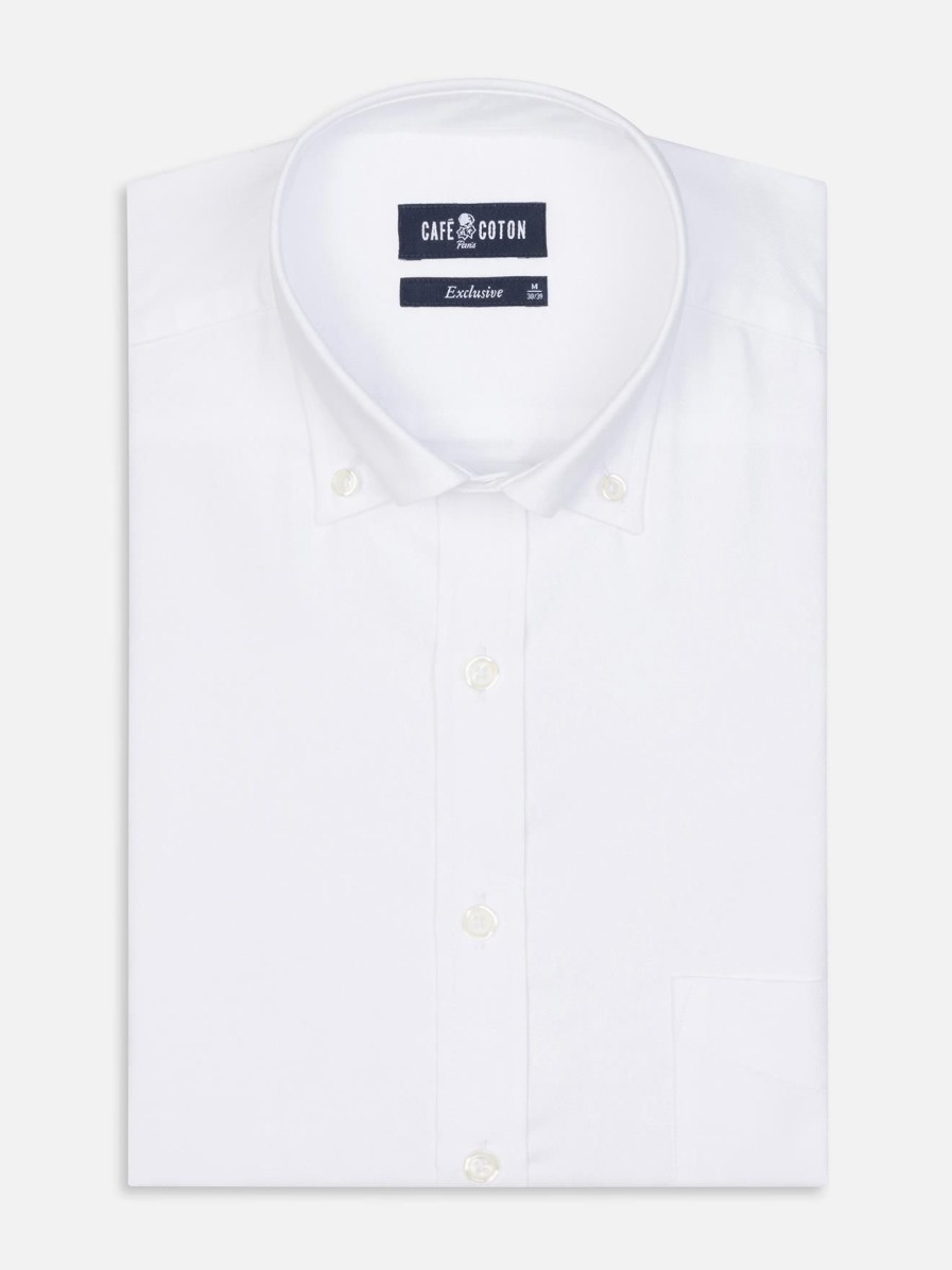 Chemises Homme Café Coton | Chemise En Oxford Blanc - Col Boutonne