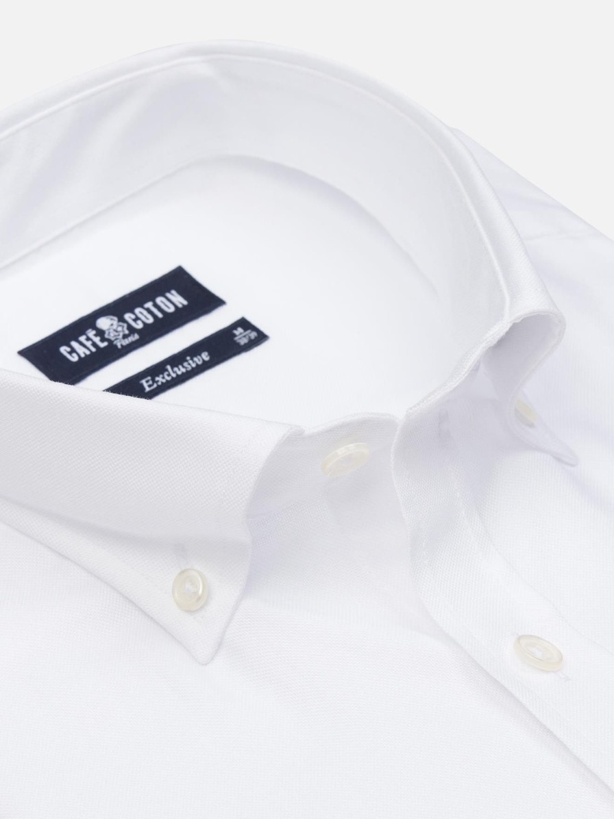 Chemises Homme Café Coton | Chemise En Oxford Blanc - Col Boutonne