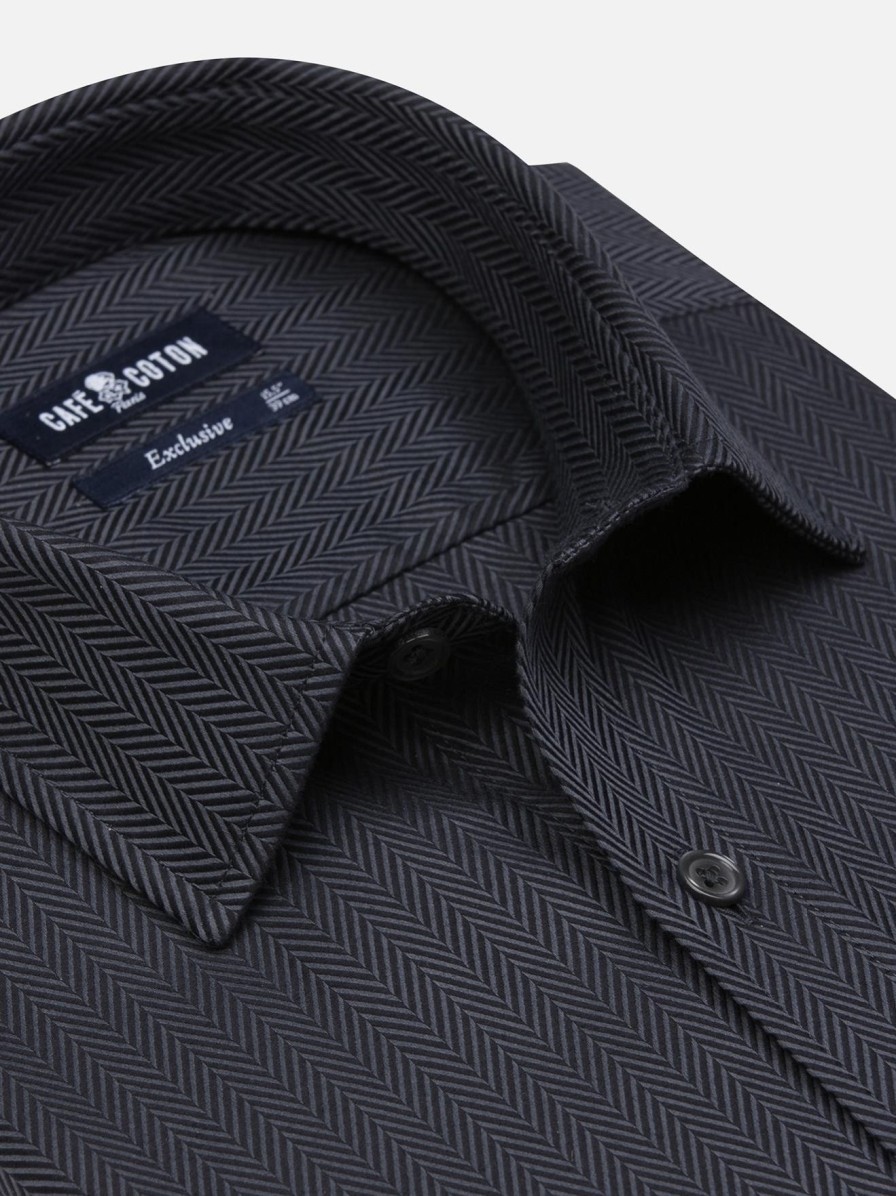 Chemises Homme Café Coton | Chemise En Chevron Anthracite