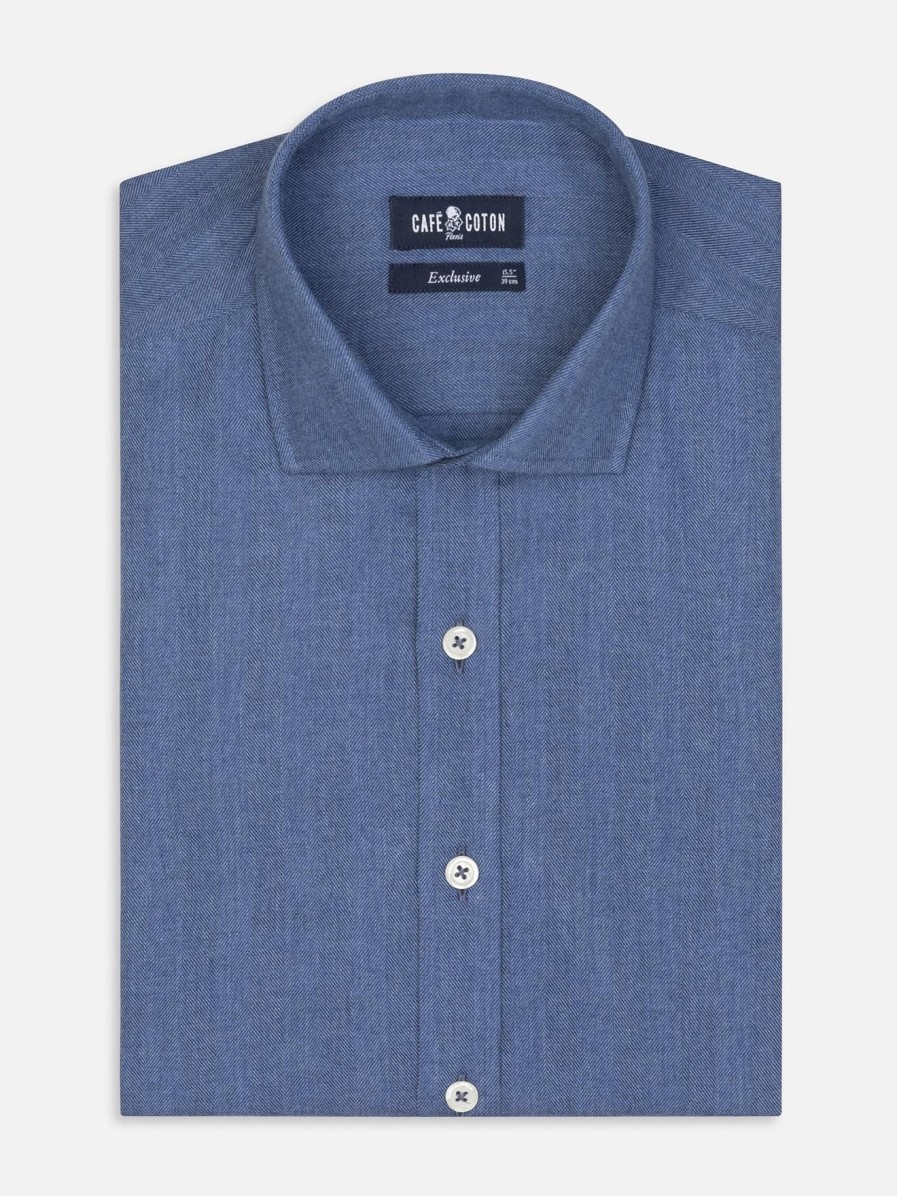 Chemises Homme Café Coton | Chemise Cintree Hall En Flanelle Bleue - Grande Longueur De Manches