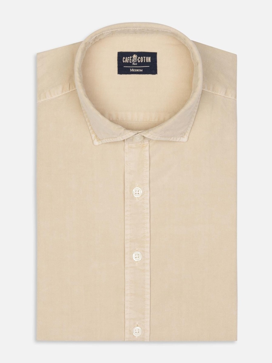 Chemises Homme Café Coton | Chemise Lio En Gabardine Lavee Sable