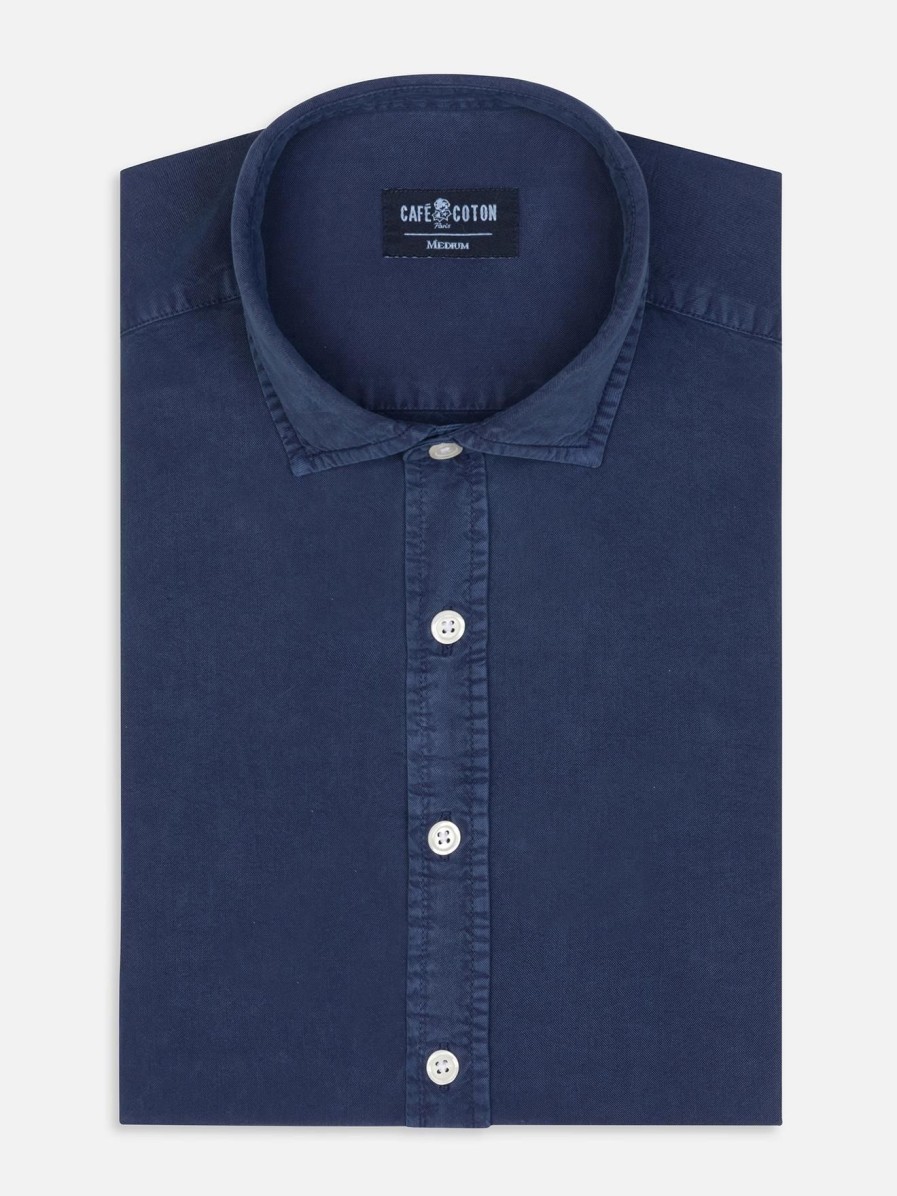 Chemises Homme Café Coton | Chemise Lio En Gabardine Lavee Marine