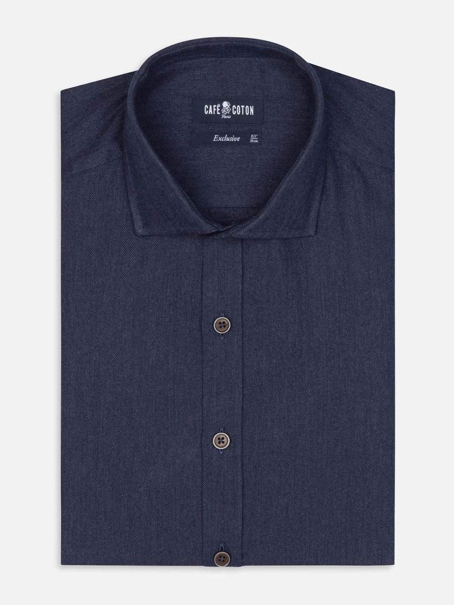 Chemises Homme Café Coton | Chemise Cintree Hall En Flanelle Marine