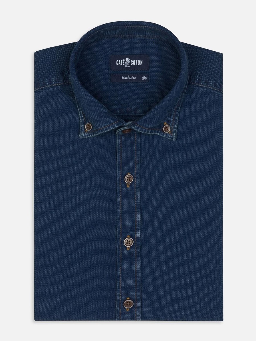 Chemises Homme Café Coton | Chemise Cintree Kurt En Oxford Indigo - Col Boutonne