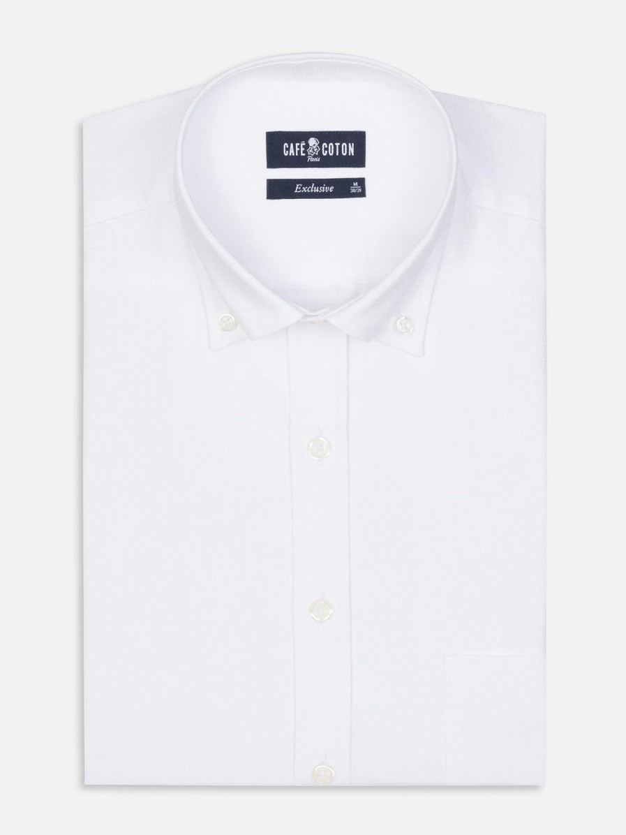 Chemises Homme Café Coton | Chemise Bayers Texturee Blanche - Col Boutonne