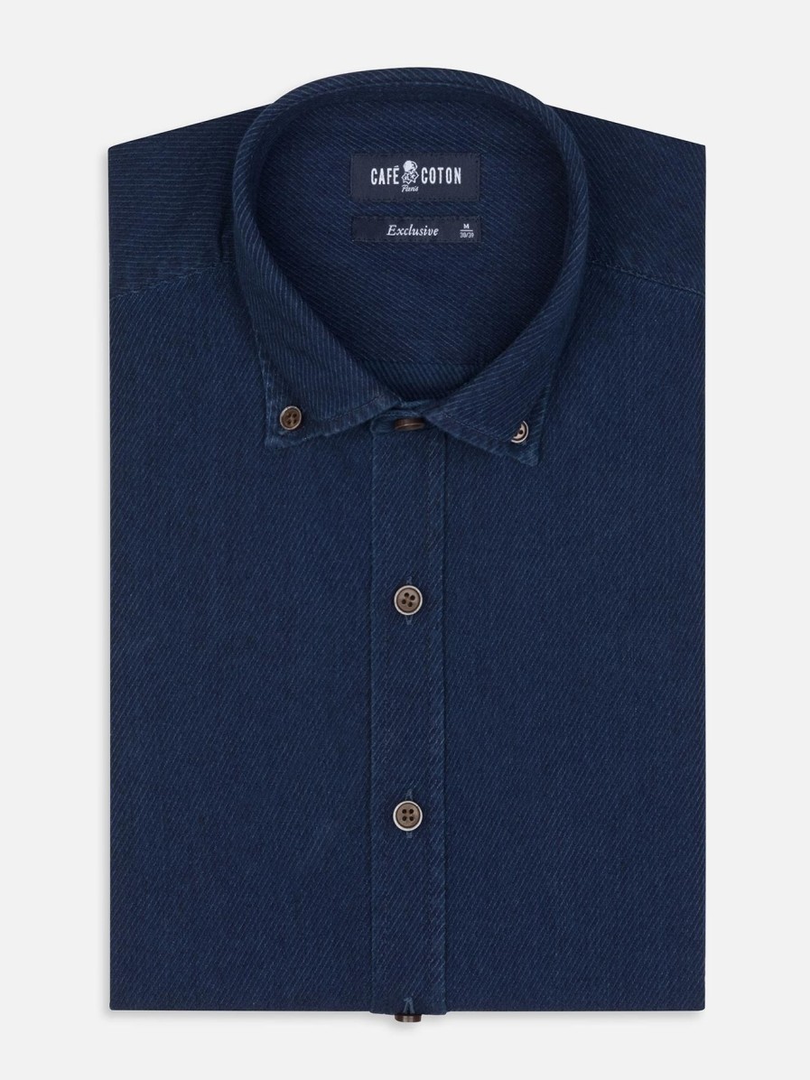 Chemises Homme Café Coton | Chemise Cintree Alford En Twill Indigo - Col Boutonne