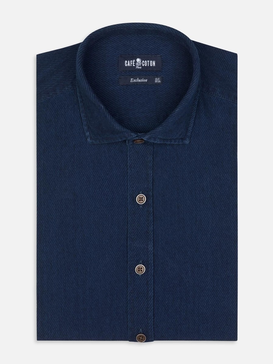 Chemises Homme Café Coton | Chemise Cintree Alford En Twill Indigo - Grandes Longueur De Manches