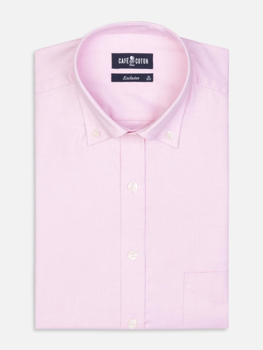 Chemises Homme Café Coton | Chemise En Natte Rose - Col Boutonne