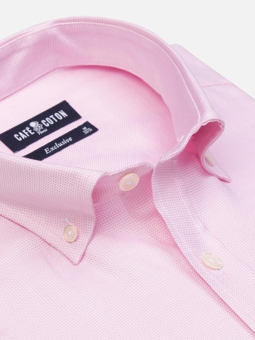 Chemises Homme Café Coton | Chemise En Natte Rose - Col Boutonne