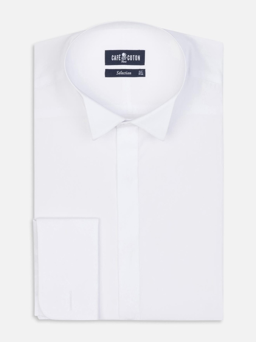 Chemises Homme Café Coton | Chemise Cintree En Popeline Royale Blanche