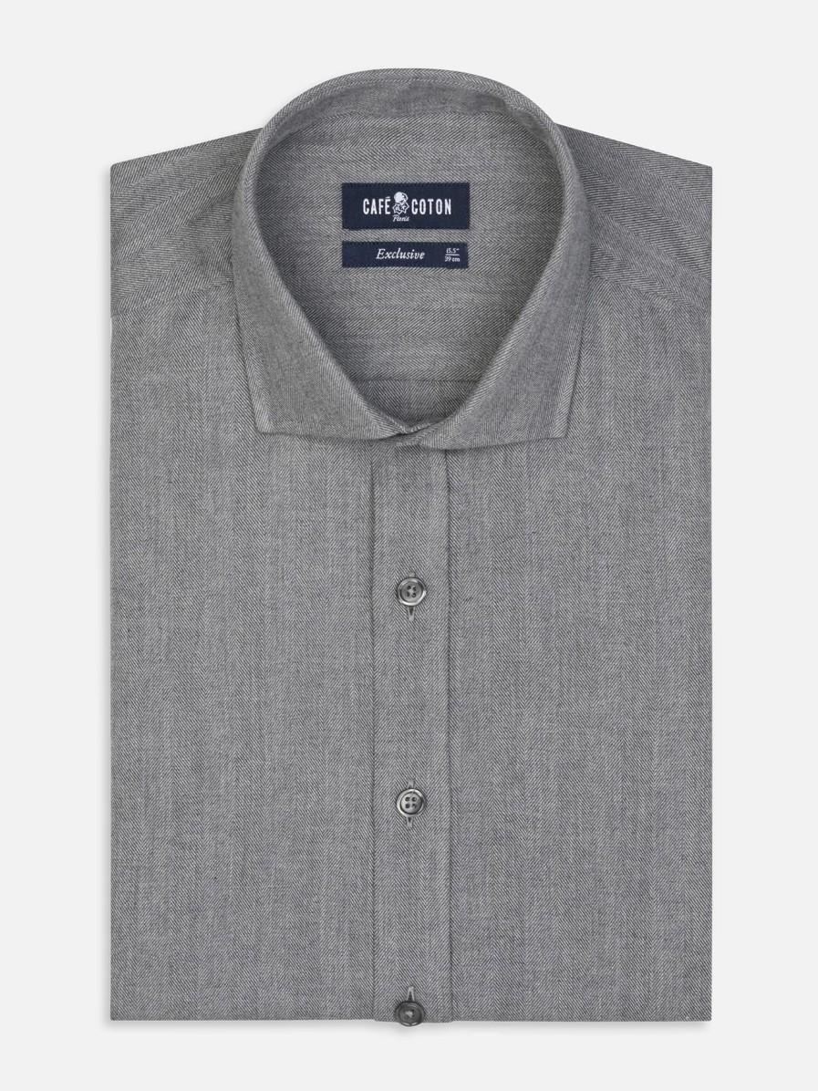 Chemises Homme Café Coton | Chemise Cintree Hall En Flanelle Anthracite