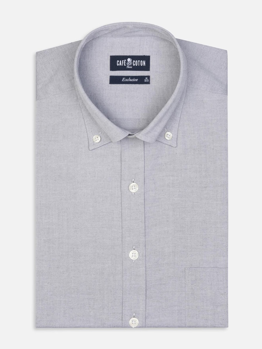 Chemises Homme Café Coton | Chemise En Pin Point Gris - Col Boutonne