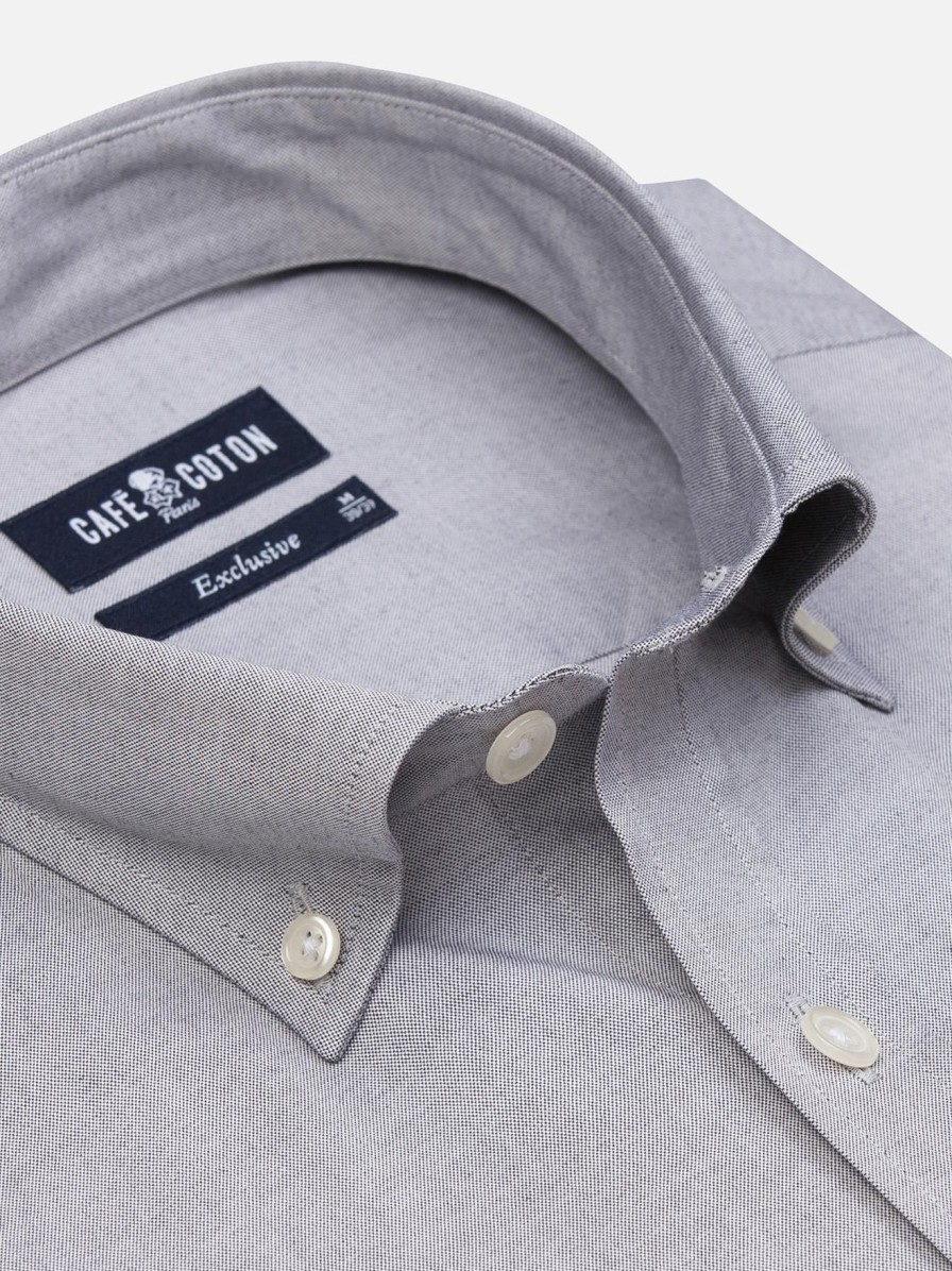 Chemises Homme Café Coton | Chemise En Pin Point Gris - Col Boutonne