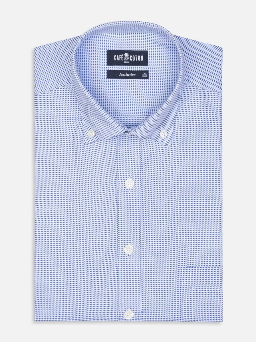 Chemises Homme Café Coton | Chemise Nelson En Twill Bleu - Col Boutonne