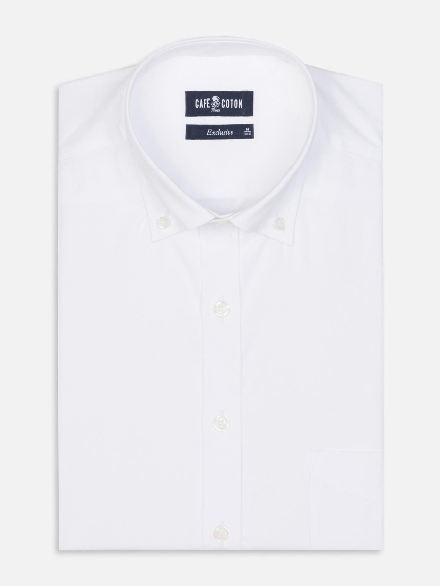 Chemises Homme Café Coton | Chemise En Popeline Blanche - Col Boutonne