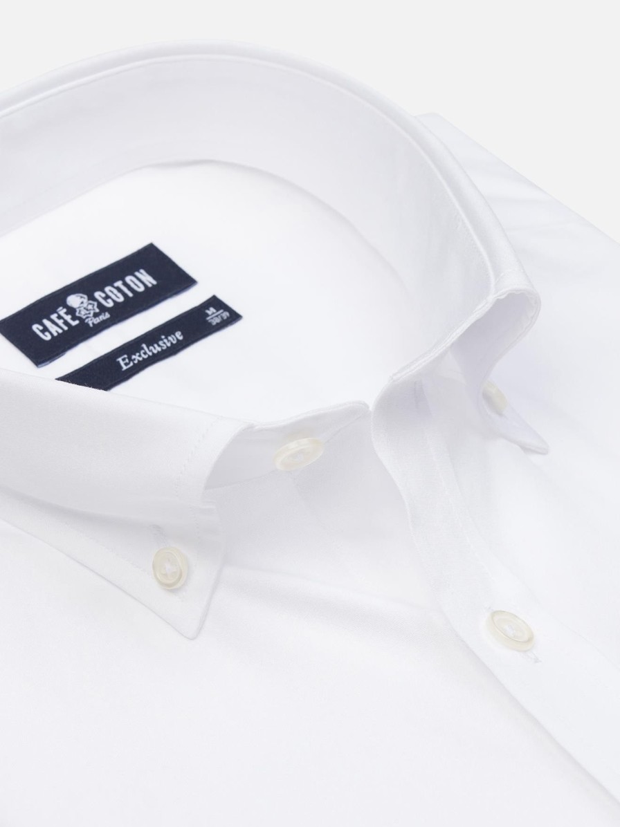 Chemises Homme Café Coton | Chemise En Popeline Blanche - Col Boutonne