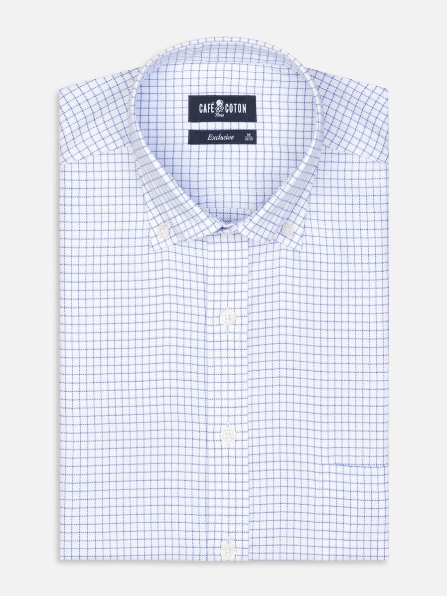 Chemises Homme Café Coton | Chemise Oleg A Carreaux Bleus - Col Boutonne