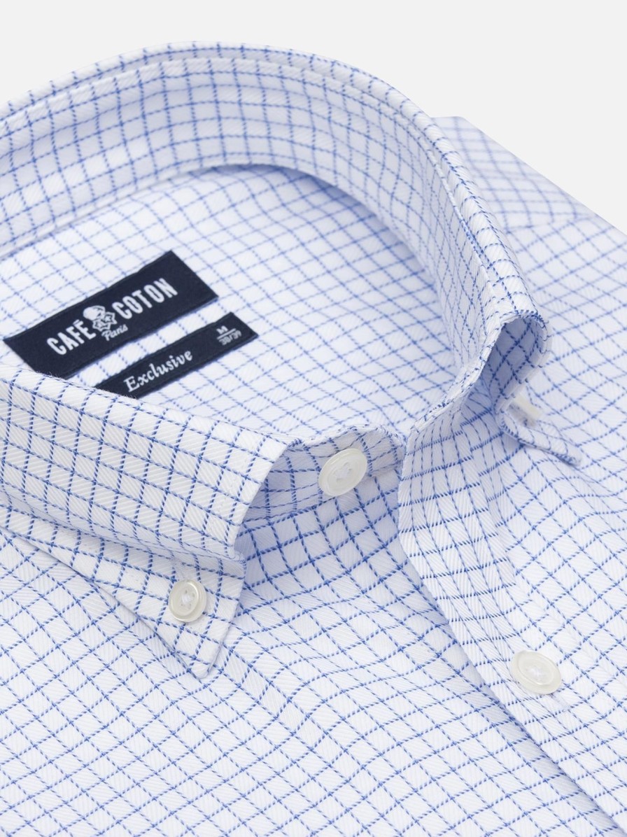 Chemises Homme Café Coton | Chemise Oleg A Carreaux Bleus - Col Boutonne