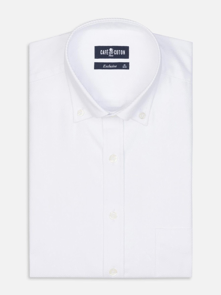 Chemises Homme Café Coton | Chemise En Chevron Blanc - Col Boutonne