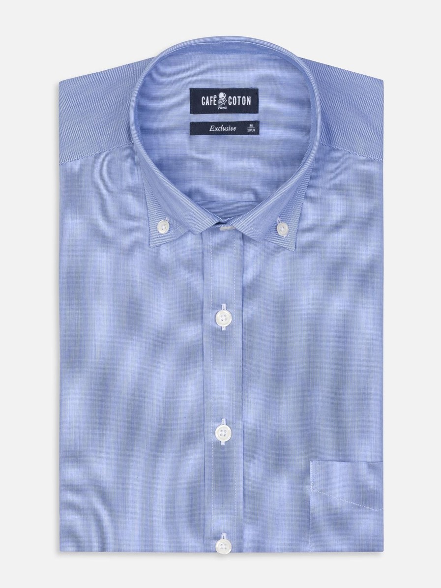 Chemises Homme Café Coton | Chemise En Mille Raies Bleue - Col Boutonne