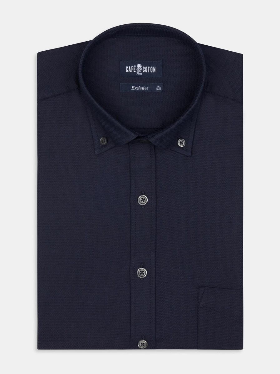 Chemises Homme Café Coton | Chemise Horace Texturee Marine - Col Boutonne