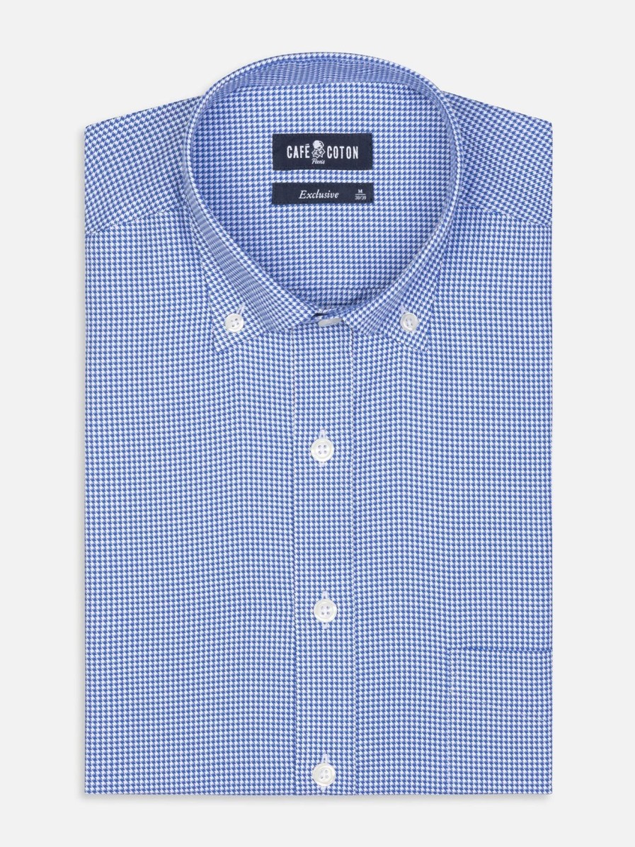 Chemises Homme Café Coton | Chemise Landry En Vichy Bleu - Col Boutonne