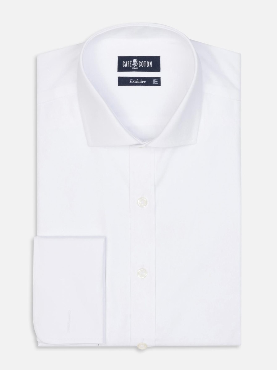 Chemises Homme Café Coton | Chemise Cintree En Pin Point Blanc - Poignets Mousquetaires