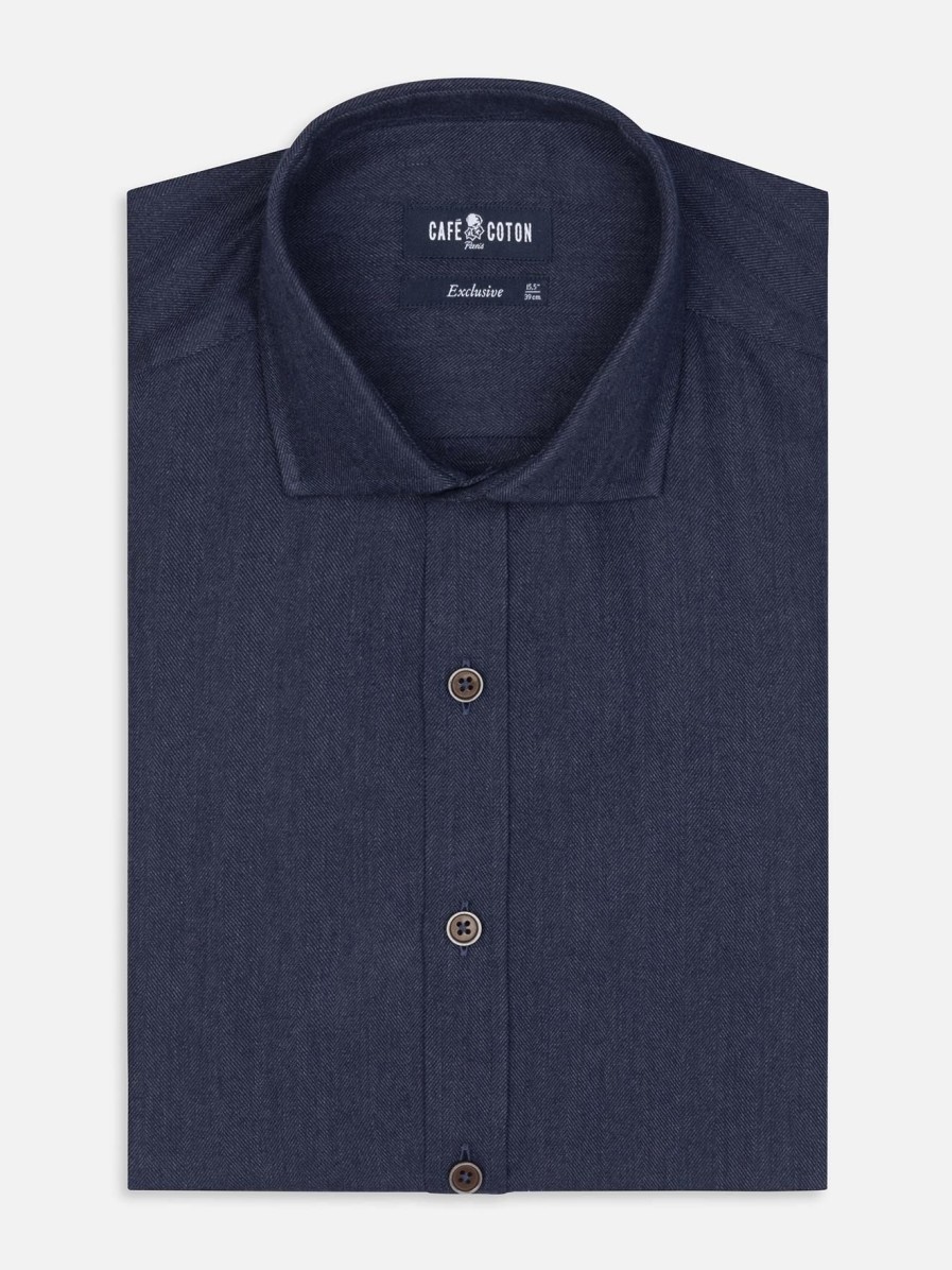 Chemises Homme Café Coton | Chemise Cintree Hall En Flanelle Marine - Grande Longueur De Manches