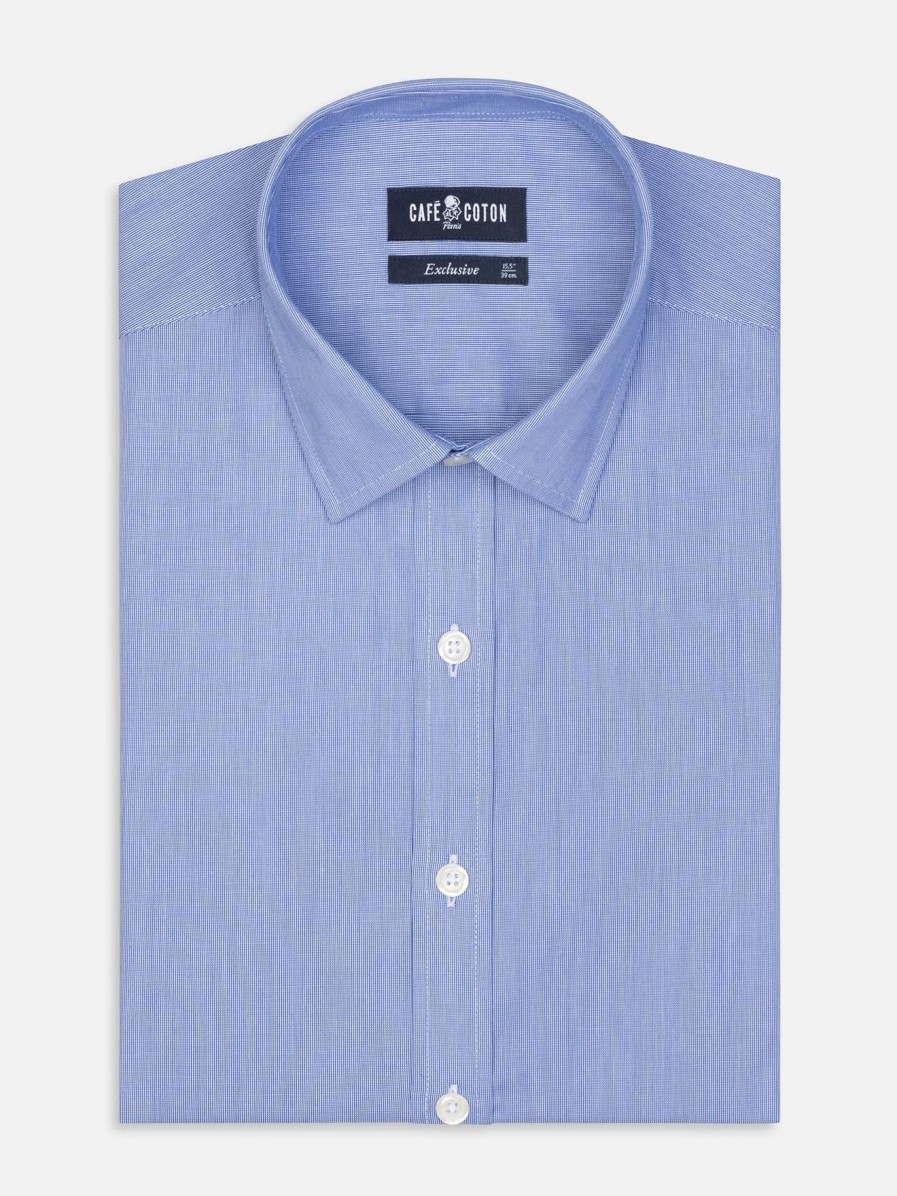 Chemises Homme Café Coton | Chemise Cintree En Mille Raies Bleue - Petit Col